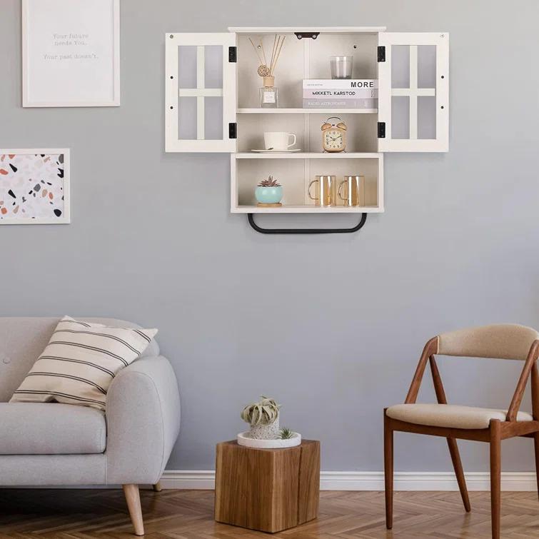 Wood Wall Storage Cabinet With Cross Glass Doors, Farmhouse Wall Mounted, 3 Tier Rustic Cabinet With Adjustable Shelves And Towel Bar For Bathroom, Living Room, Vintage White