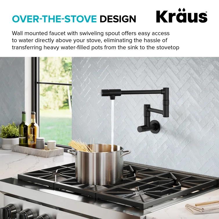 KRAUS Bolden 2 Handle Pot Filler Faucet With Retractable Arm, Wall Mount Kitchen Faucet, Pot Filler For Over Stove