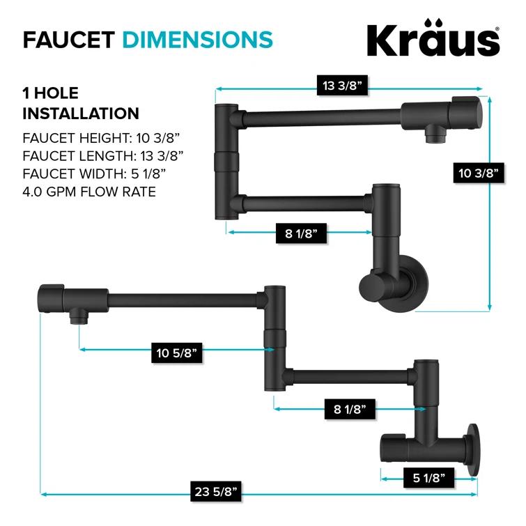 KRAUS Bolden 2 Handle Pot Filler Faucet With Retractable Arm, Wall Mount Kitchen Faucet, Pot Filler For Over Stove