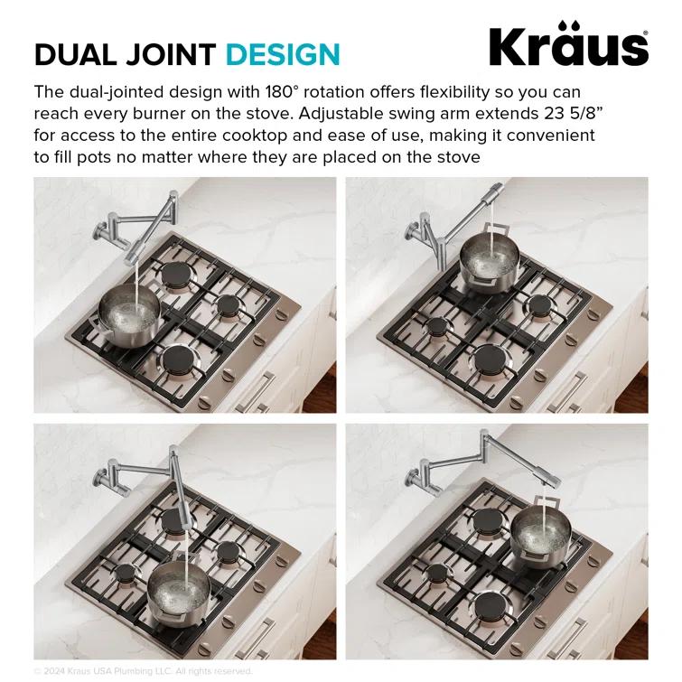KRAUS Bolden 2 Handle Pot Filler Faucet With Retractable Arm, Wall Mount Kitchen Faucet, Pot Filler For Over Stove