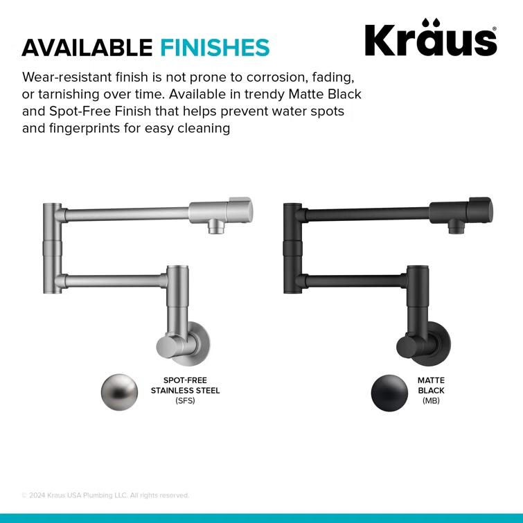 KRAUS Bolden 2 Handle Pot Filler Faucet With Retractable Arm, Wall Mount Kitchen Faucet, Pot Filler For Over Stove