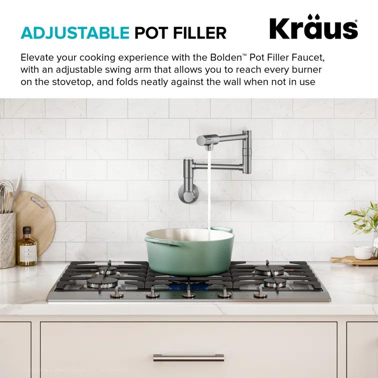 KRAUS Bolden 2 Handle Pot Filler Faucet With Retractable Arm, Wall Mount Kitchen Faucet, Pot Filler For Over Stove