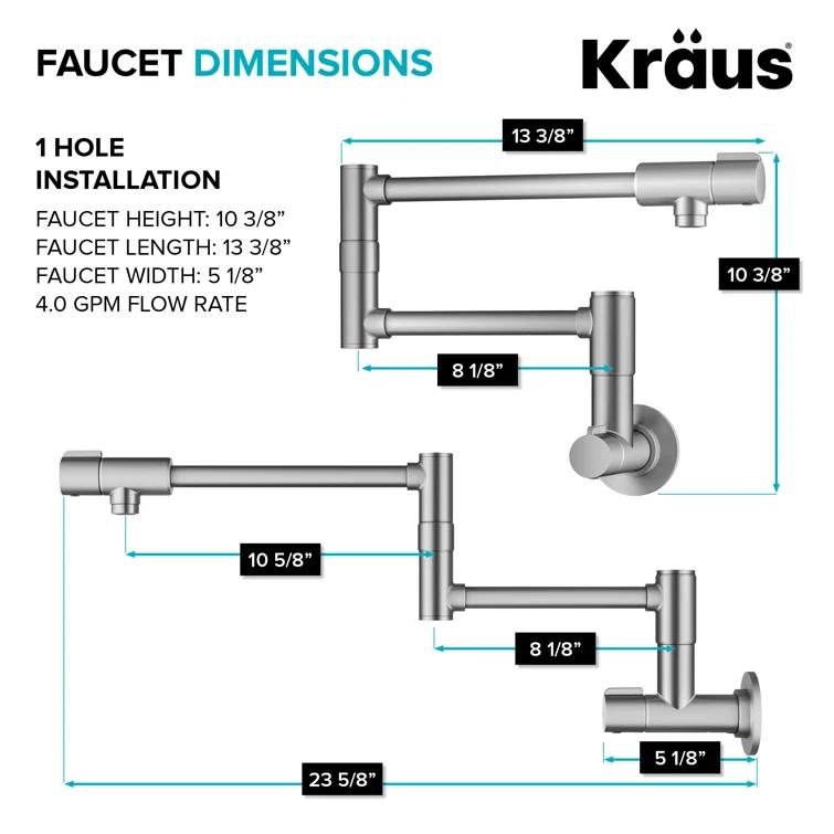 KRAUS Bolden 2 Handle Pot Filler Faucet With Retractable Arm, Wall Mount Kitchen Faucet, Pot Filler For Over Stove