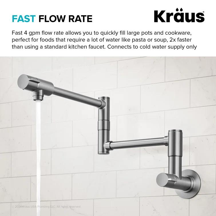 KRAUS Bolden 2 Handle Pot Filler Faucet With Retractable Arm, Wall Mount Kitchen Faucet, Pot Filler For Over Stove