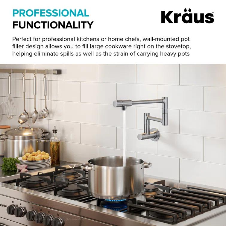 KRAUS Bolden 2 Handle Pot Filler Faucet With Retractable Arm, Wall Mount Kitchen Faucet, Pot Filler For Over Stove