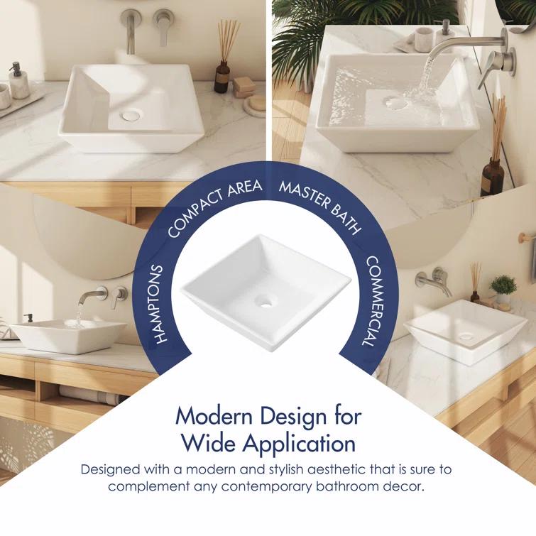 Naples 16" W x 5" H Square Vitreous ChinaBathroom Countertop Sink Vessel Sink in White