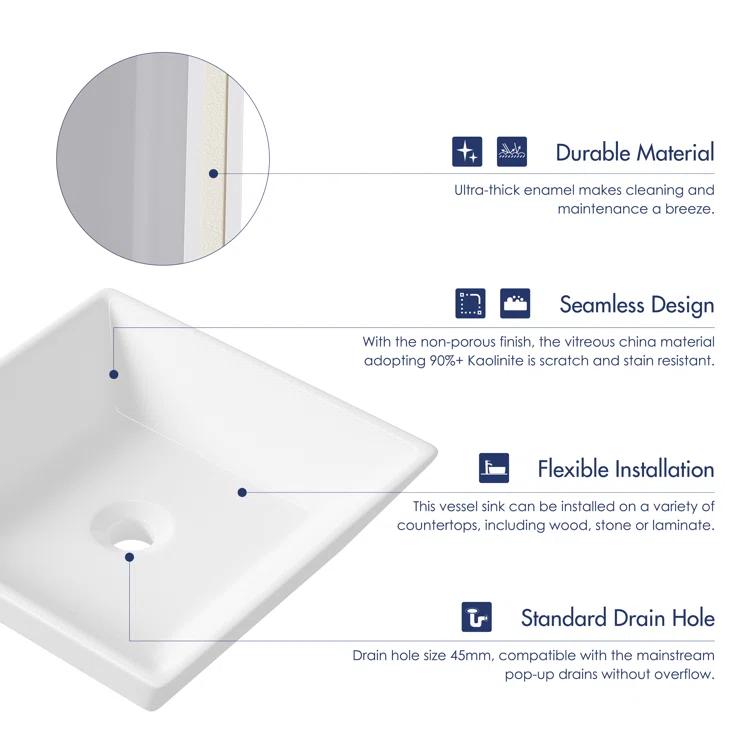 Naples 16" W x 5" H Square Vitreous ChinaBathroom Countertop Sink Vessel Sink in White