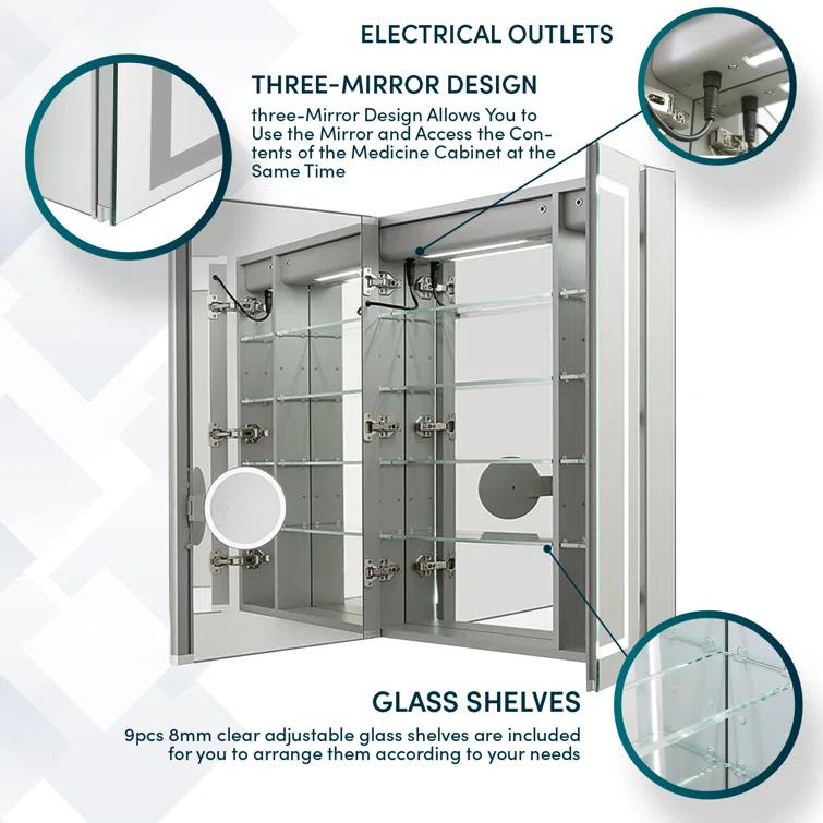 AQUADOM R3-4036E Royale Medicine Cabinet with Electrical Outlets, Defogger, Adjustable LED 3X Magnifying Mirror.