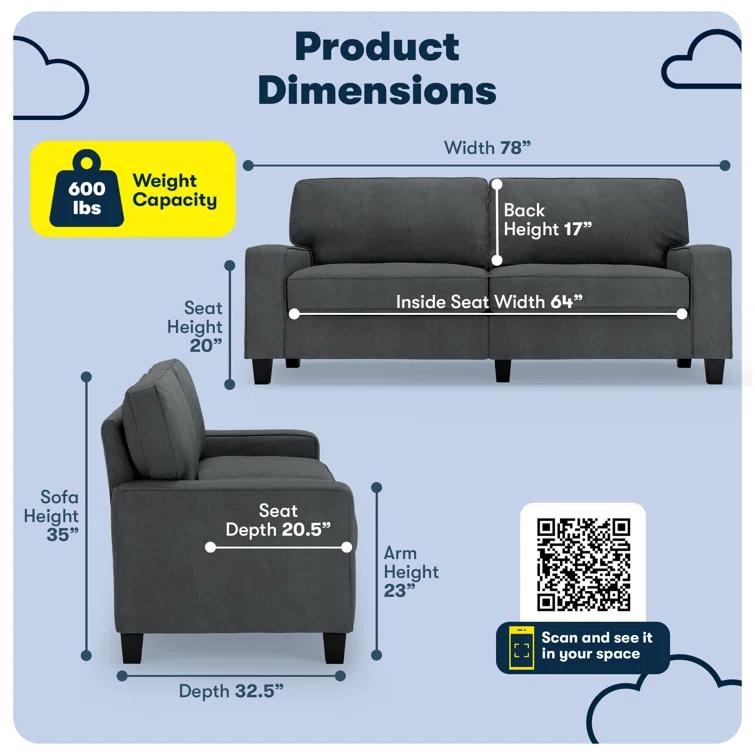 Serta Palisades 78" Track Arm Sofa, Easy Care Fabric, Soft Pillow Back, Pocket Coil Seat Cushions