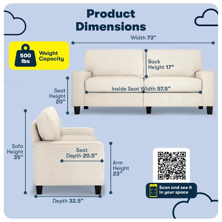 Serta Palisades 73" Track Arm Sofa, Easy Care Fabric, Soft Pillow Back, Pocket Coil Seat Cushions
