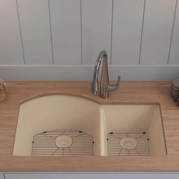 32" x 20" Quartz Kitchen Sink, 70/30 Double Bowl Sink, Drop-in Sink, Undermount Sink, Granite Kitchen Sink, with 2 Steel Grids and Basket Strainer, Disposal Flange