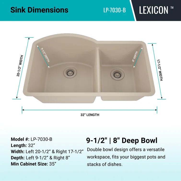 32" x 20" Quartz Kitchen Sink, 70/30 Double Bowl Sink, Drop-in Sink, Undermount Sink, Granite Kitchen Sink, with 2 Steel Grids and Basket Strainer, Disposal Flange