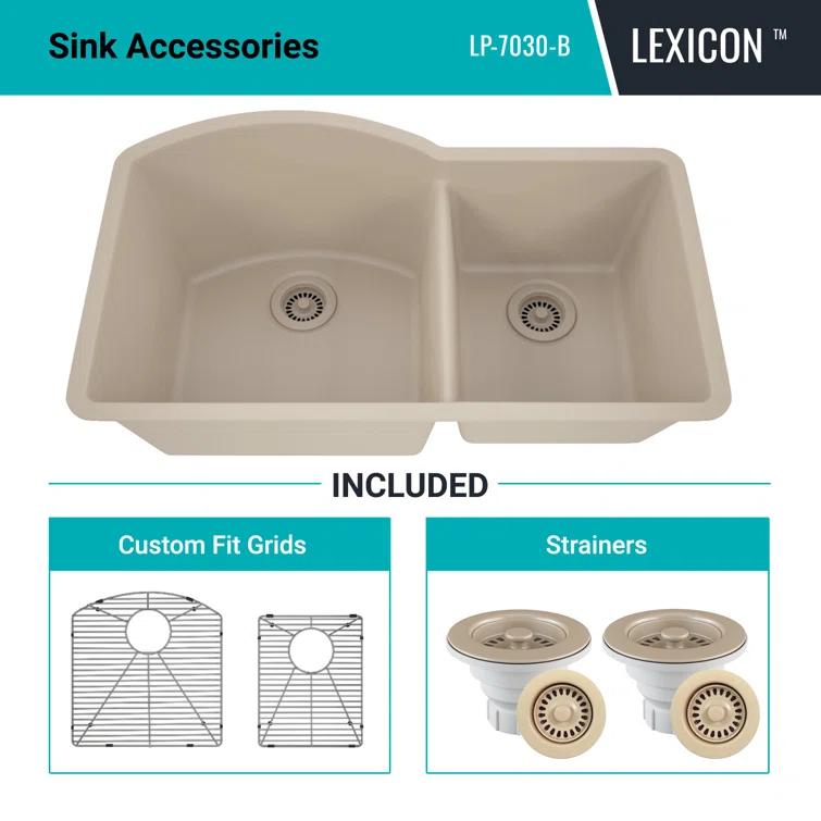 32" x 20" Quartz Kitchen Sink, 70/30 Double Bowl Sink, Drop-in Sink, Undermount Sink, Granite Kitchen Sink, with 2 Steel Grids and Basket Strainer, Disposal Flange