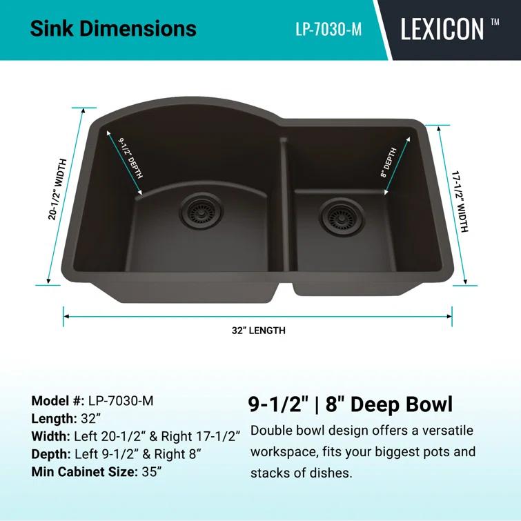 32" x 20" Quartz Kitchen Sink, 70/30 Double Bowl Sink, Drop-in Sink, Undermount Sink, Granite Kitchen Sink, with 2 Steel Grids and Basket Strainer, Disposal Flange