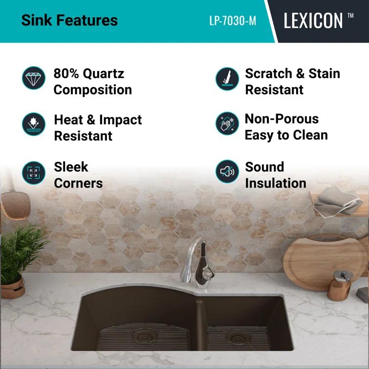 32" x 20" Quartz Kitchen Sink, 70/30 Double Bowl Sink, Drop-in Sink, Undermount Sink, Granite Kitchen Sink, with 2 Steel Grids and Basket Strainer, Disposal Flange