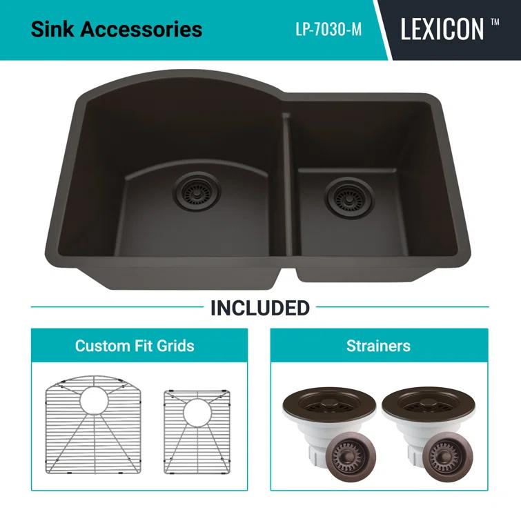 32" x 20" Quartz Kitchen Sink, 70/30 Double Bowl Sink, Drop-in Sink, Undermount Sink, Granite Kitchen Sink, with 2 Steel Grids and Basket Strainer, Disposal Flange