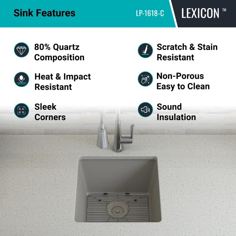 Lexicon Quartz 16" x 18" Quartz Kitchen Sink, Single Bowl Sink, Drop-in Sink, Undermount Sink, Granite Kitchen Sink, with Steel Grids and Basket Strainer LP-1618-C