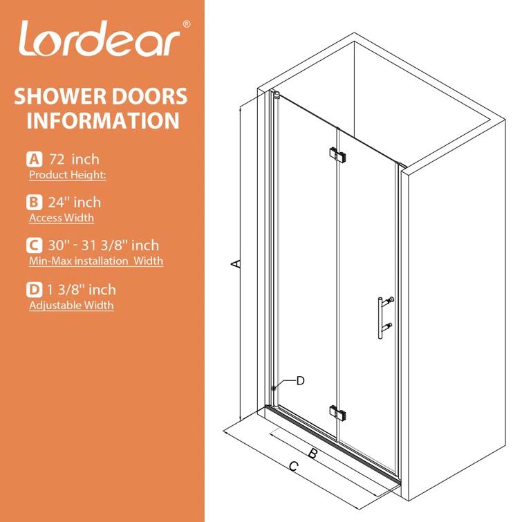 30 in.W x 72 in.H Bifold Frameless Glass Shower Door 1/4 in. Fold Glass Pivot Swing Shower Door