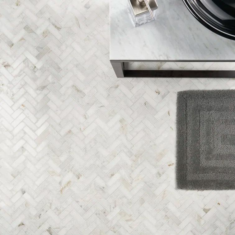 Polar White 11 in. x 11.61 in. Herringbone Polished Marble Mosaic Tile (0.89 Sq. Ft. / Sheet)
