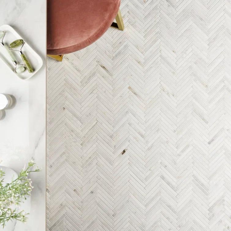 Polar White 11 in. x 11.61 in. Herringbone Polished Marble Mosaic Tile (0.89 Sq. Ft. / Sheet)