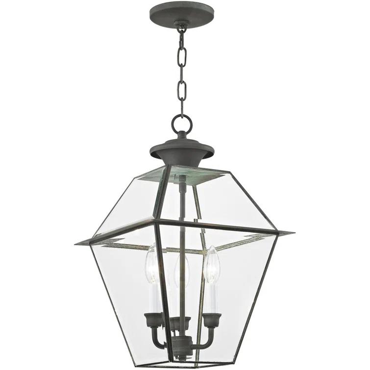 12in 3-Light Outdoor Chain Lantern Pendant with Clear Beveled Glass Shade