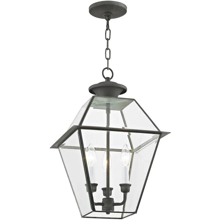 12in 3-Light Outdoor Chain Lantern Pendant with Clear Beveled Glass Shade