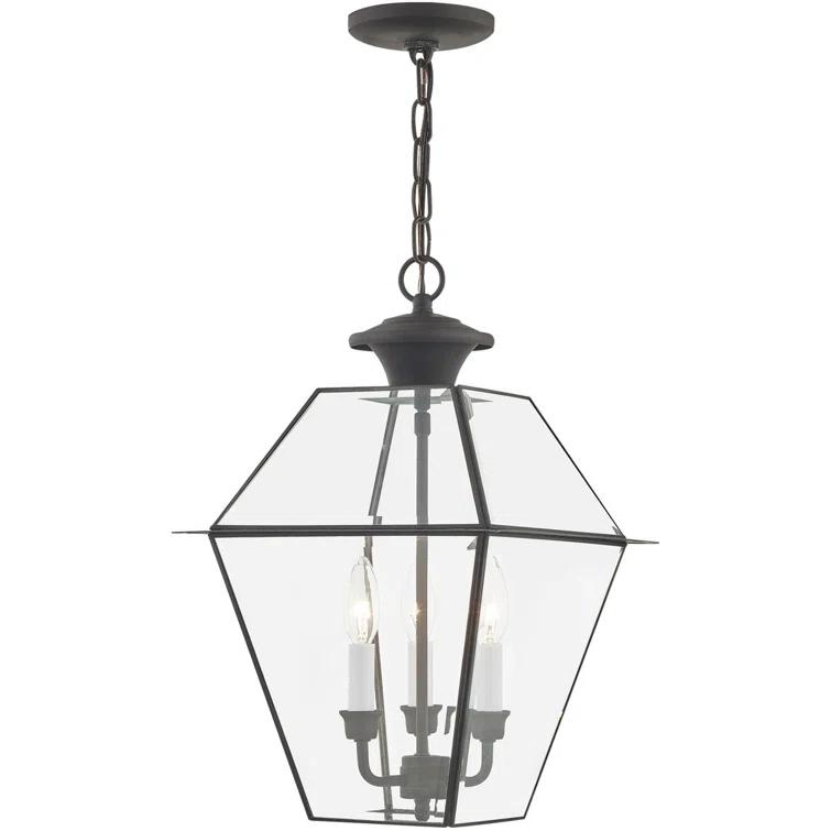 12in 3-Light Outdoor Chain Lantern Pendant with Clear Beveled Glass Shade