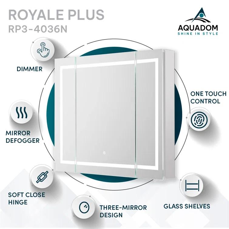AQUADOM R3-4036E Royale Medicine Cabinet with Electrical Outlets, Defogger, Adjustable LED 3X Magnifying Mirror.