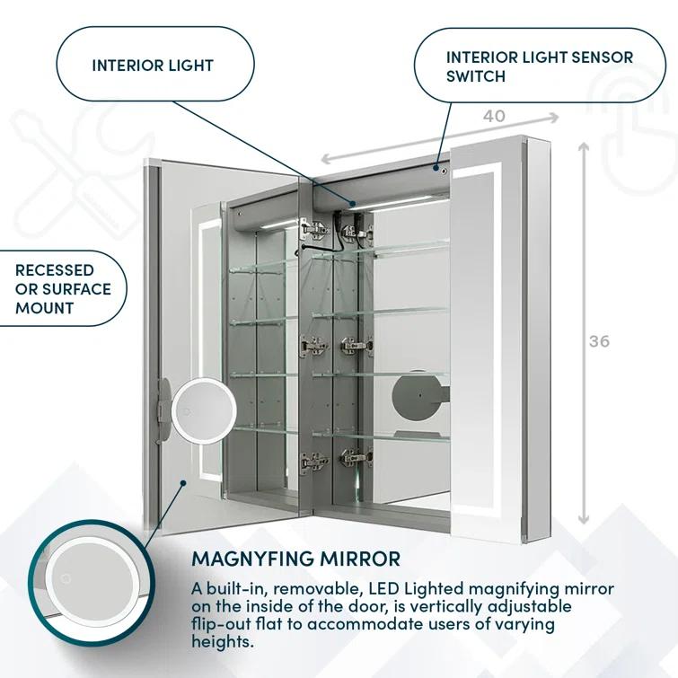 AQUADOM R3-4036E Royale Medicine Cabinet with Electrical Outlets, Defogger, Adjustable LED 3X Magnifying Mirror.