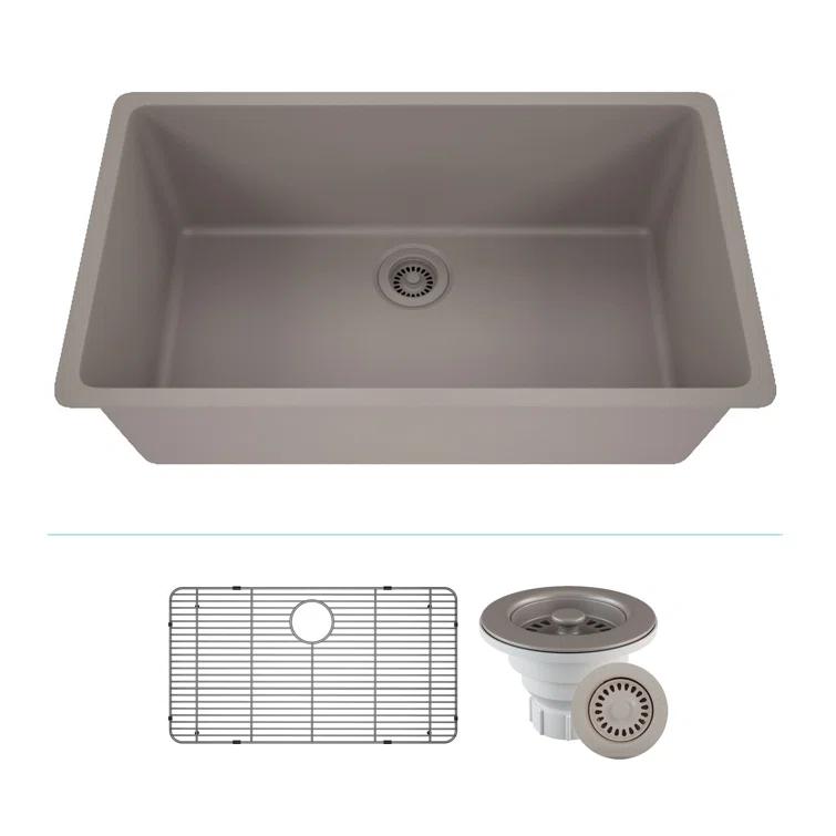 32" x 19" Quartz Kitchen Sink, Single Bowl Sink, Drop-in Sink, Undermount Sink, Granite Kitchen Sink, with Steel Grids and Basket Strainer, Disposal Flange