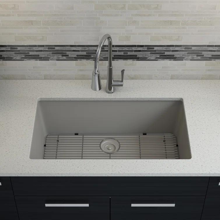 32" x 19" Quartz Kitchen Sink, Single Bowl Sink, Drop-in Sink, Undermount Sink, Granite Kitchen Sink, with Steel Grids and Basket Strainer, Disposal Flange