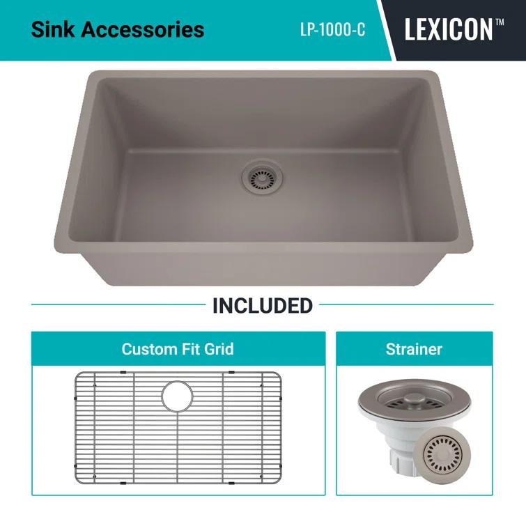 32" x 19" Quartz Kitchen Sink, Single Bowl Sink, Drop-in Sink, Undermount Sink, Granite Kitchen Sink, with Steel Grids and Basket Strainer, Disposal Flange