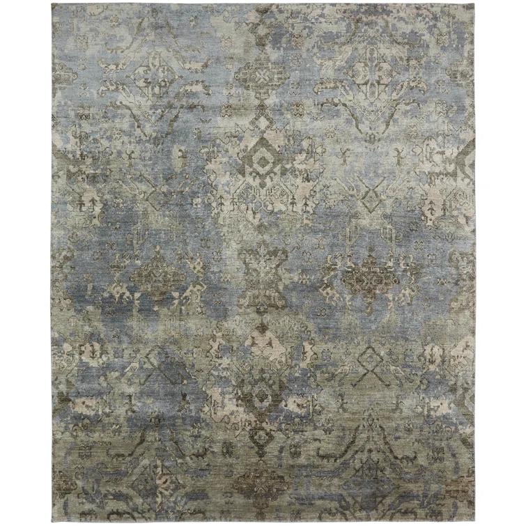 Hand-Knotted Blue Wool and Viscose 4' x 6' Area Rug