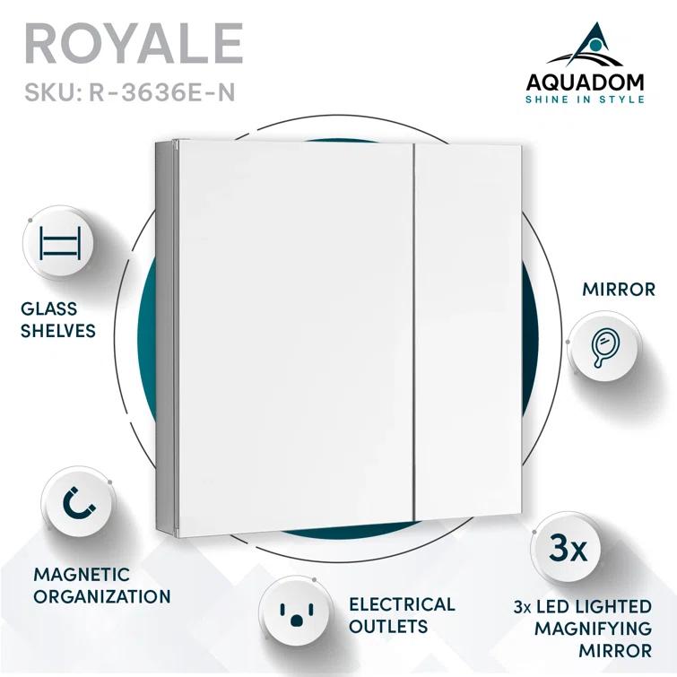 AQUADOM R3-3636E Royale Medicine Cabinet with Electrical Outlets, Defogger, Adjustable LED 3X Magnifying Mirror.