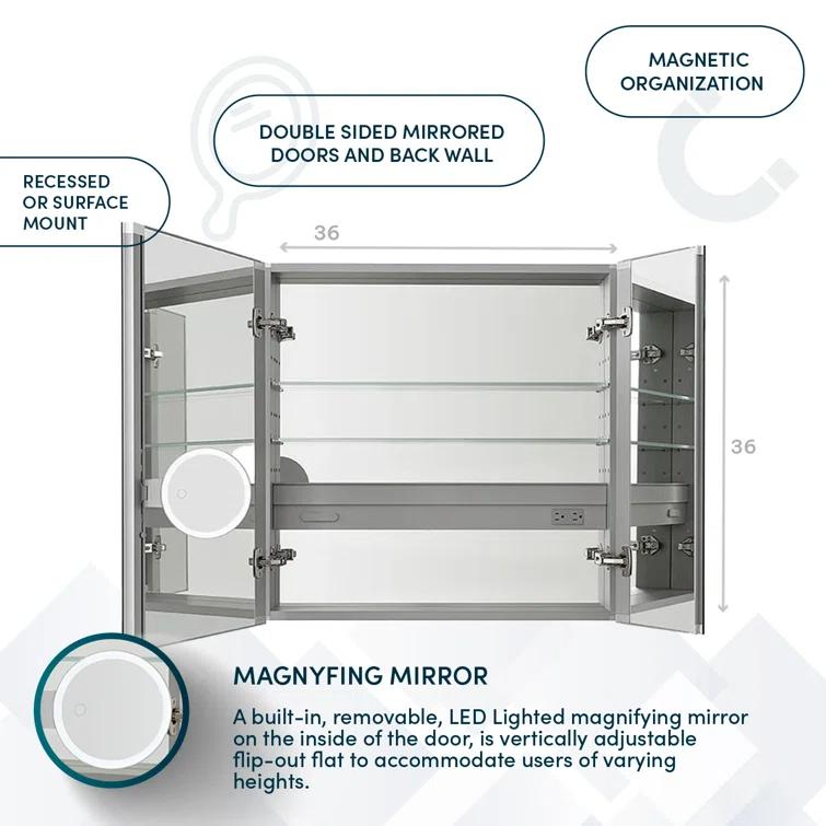 AQUADOM R3-3636E Royale Medicine Cabinet with Electrical Outlets, Defogger, Adjustable LED 3X Magnifying Mirror.