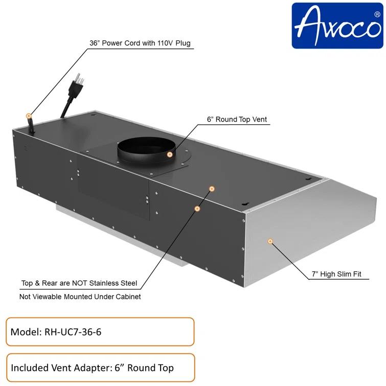 Awoco 36" Stainless Steel 900 CFM Ducted (Vented) Under Cabinet Range Hood with Baffle Filter