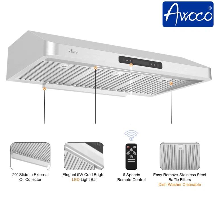 Awoco 36" Stainless Steel 900 CFM Ducted (Vented) Under Cabinet Range Hood with Baffle Filter