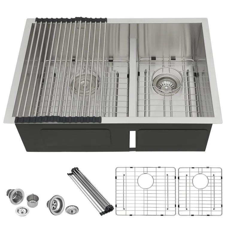 Lordear 28" L x 19" W Undermount Double Bowl 50/50 Kitchen Sink Double Basin 16 Gauge Stainless Steel Sink L28UKS255