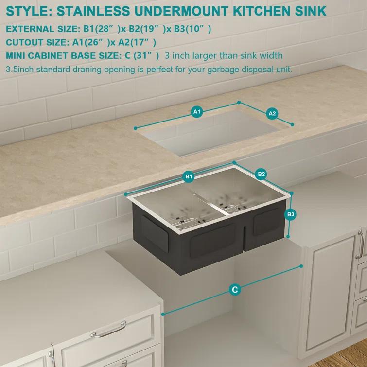 Lordear 28" L x 19" W Undermount Double Bowl 50/50 Kitchen Sink Double Basin 16 Gauge Stainless Steel Sink L28UKS255