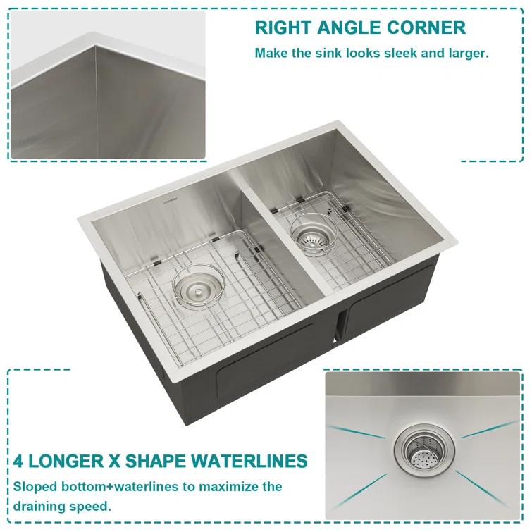Lordear 28" L x 19" W Undermount Double Bowl 50/50 Kitchen Sink Double Basin 16 Gauge Stainless Steel Sink L28UKS255