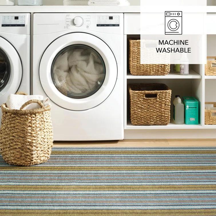 Treehouse Stripe Green Machine Washable Rug