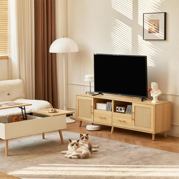 Bay Isle Home™ Heyer Large Wood Rattan TV Stand for TVs up to 75" with LED Light and Charging Station, Coastal Media Console Table, Multimedia Storage Furniture with 2 Drawers, Lighting TV Cabinet  & Reviews | Wayfair