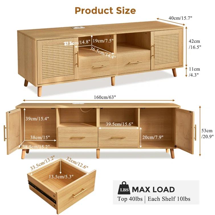 Bay Isle Home™ Heyer Large Wood Rattan TV Stand for TVs up to 75" with LED Light and Charging Station, Coastal Media Console Table, Multimedia Storage Furniture with 2 Drawers, Lighting TV Cabinet  & Reviews | Wayfair