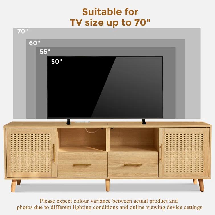 Bay Isle Home™ Heyer Large Wood Rattan TV Stand for TVs up to 75" with LED Light and Charging Station, Coastal Media Console Table, Multimedia Storage Furniture with 2 Drawers, Lighting TV Cabinet  & Reviews | Wayfair