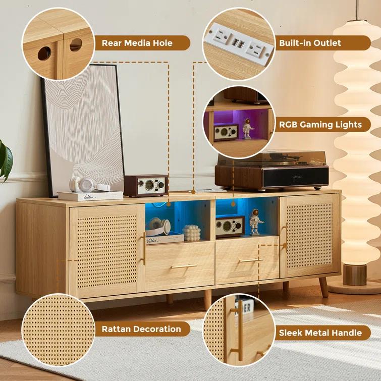 Bay Isle Home™ Heyer Large Wood Rattan TV Stand for TVs up to 75" with LED Light and Charging Station, Coastal Media Console Table, Multimedia Storage Furniture with 2 Drawers, Lighting TV Cabinet  & Reviews | Wayfair