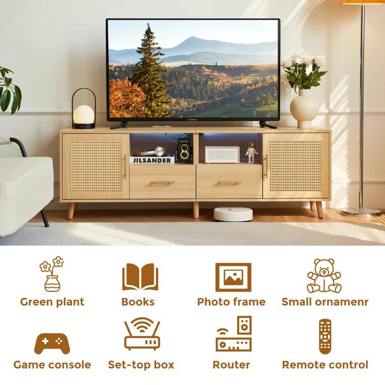 Bay Isle Home™ Heyer Large Wood Rattan TV Stand for TVs up to 75" with LED Light and Charging Station, Coastal Media Console Table, Multimedia Storage Furniture with 2 Drawers, Lighting TV Cabinet  & Reviews | Wayfair