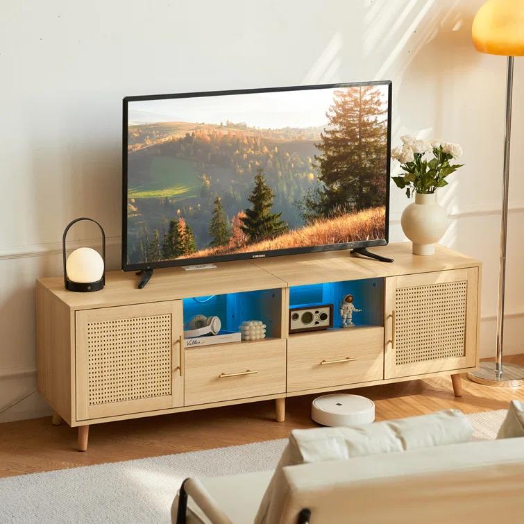 Bay Isle Home™ Heyer Large Wood Rattan TV Stand for TVs up to 75" with LED Light and Charging Station, Coastal Media Console Table, Multimedia Storage Furniture with 2 Drawers, Lighting TV Cabinet  & Reviews | Wayfair