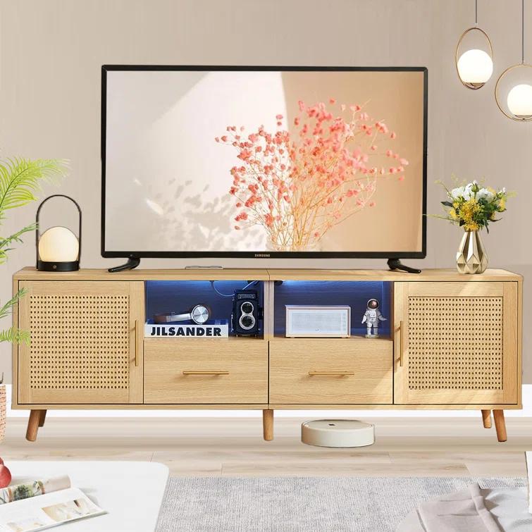 Bay Isle Home™ Heyer Large Wood Rattan TV Stand for TVs up to 75" with LED Light and Charging Station, Coastal Media Console Table, Multimedia Storage Furniture with 2 Drawers, Lighting TV Cabinet  & Reviews | Wayfair