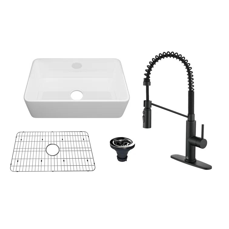 CASAINC Single Bowl White Fireclay Farmhouse Kitchen Sink With Faucet Included
