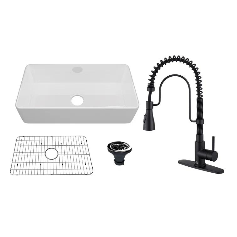 CASAINC CASAINC Single Bowl White Fireclay Farmhouse Kitchen Sink With Faucet Included KCSL0035-36W22M